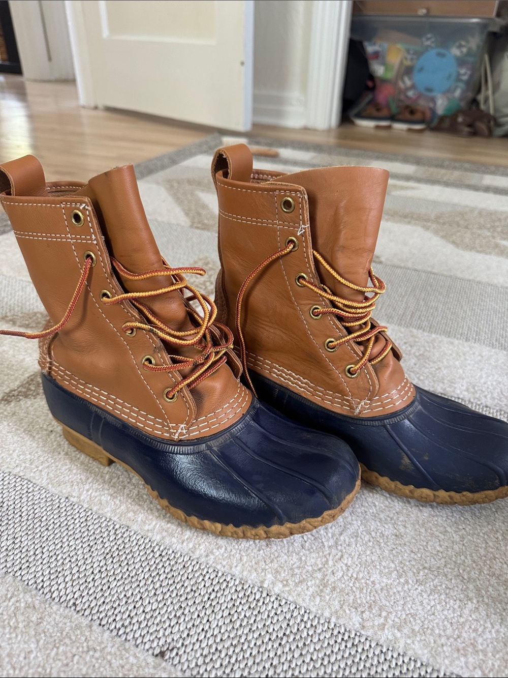 L.L. Bean Brown Leather & Navy Rubber Duck Boots